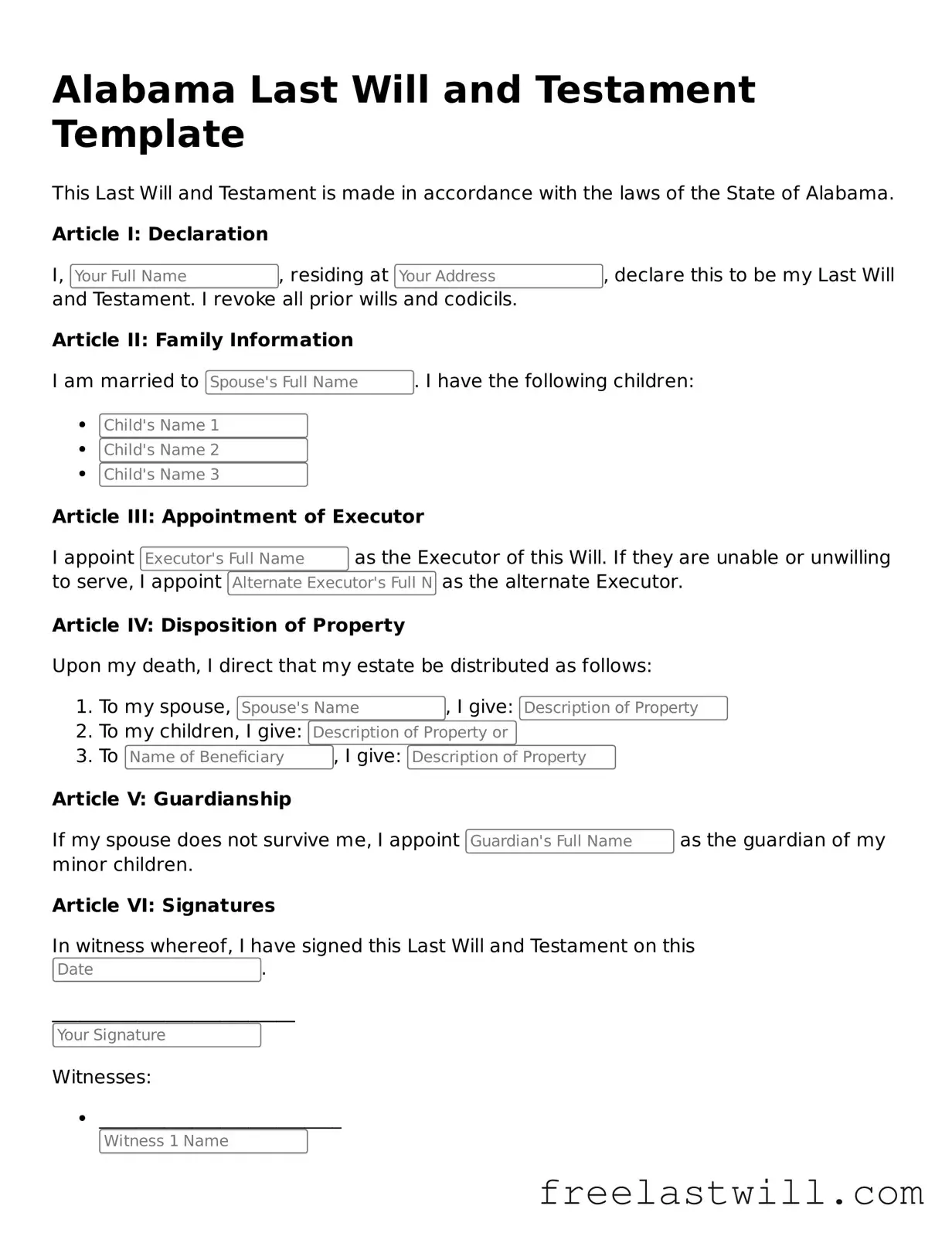 Legal Alabama Last Will and Testament Form
