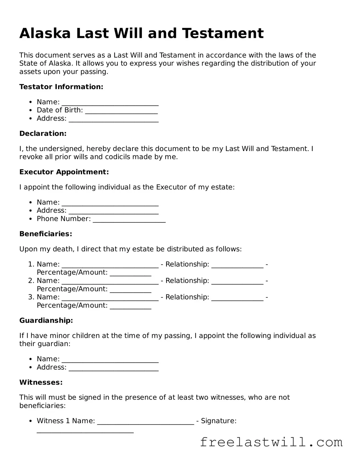 Legal Alaska Last Will and Testament Form