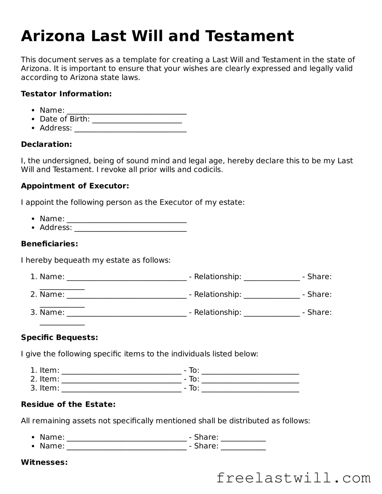 Legal Arizona Last Will and Testament Form