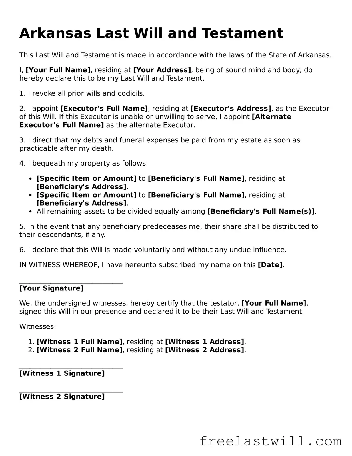 Legal Arkansas Last Will and Testament Form