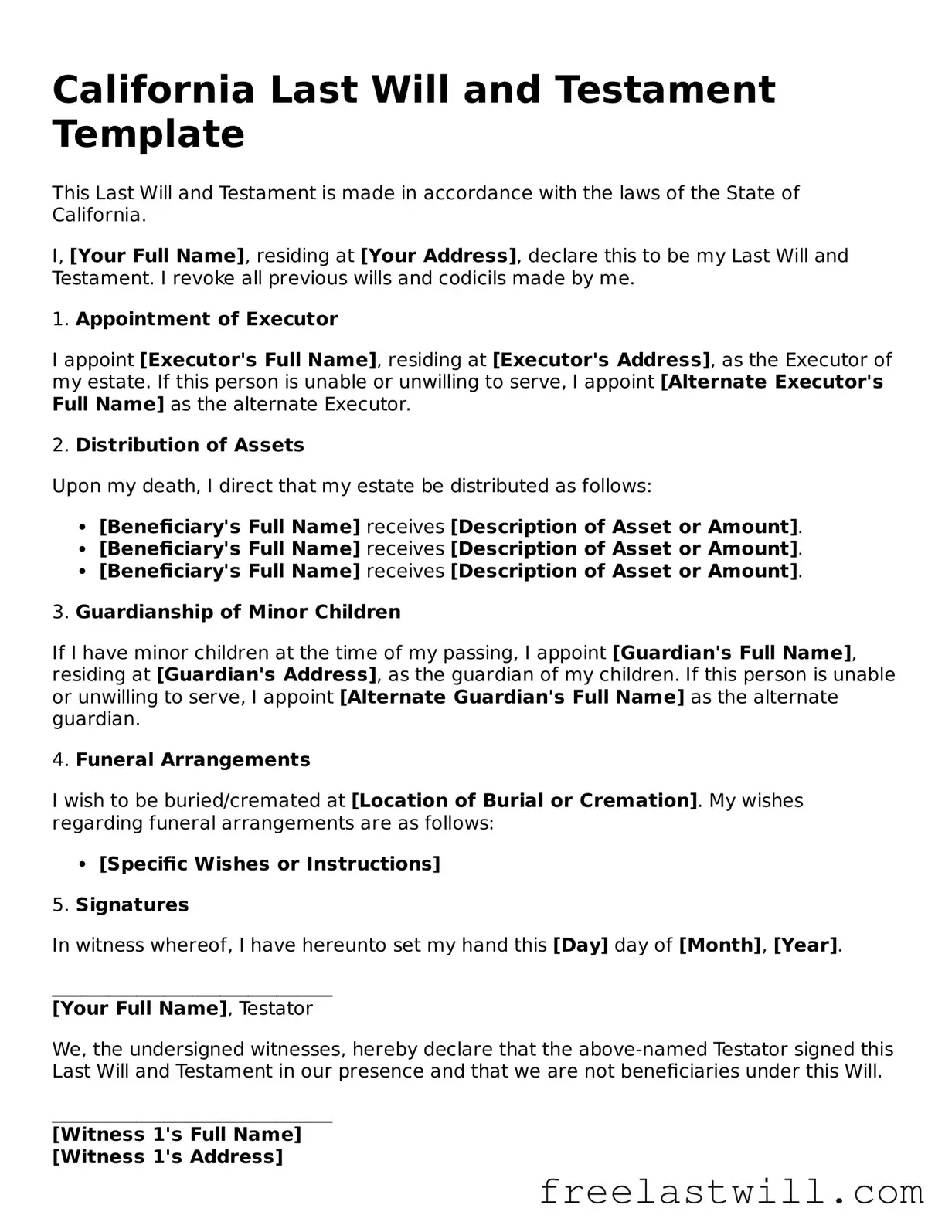 Legal California Last Will and Testament Form