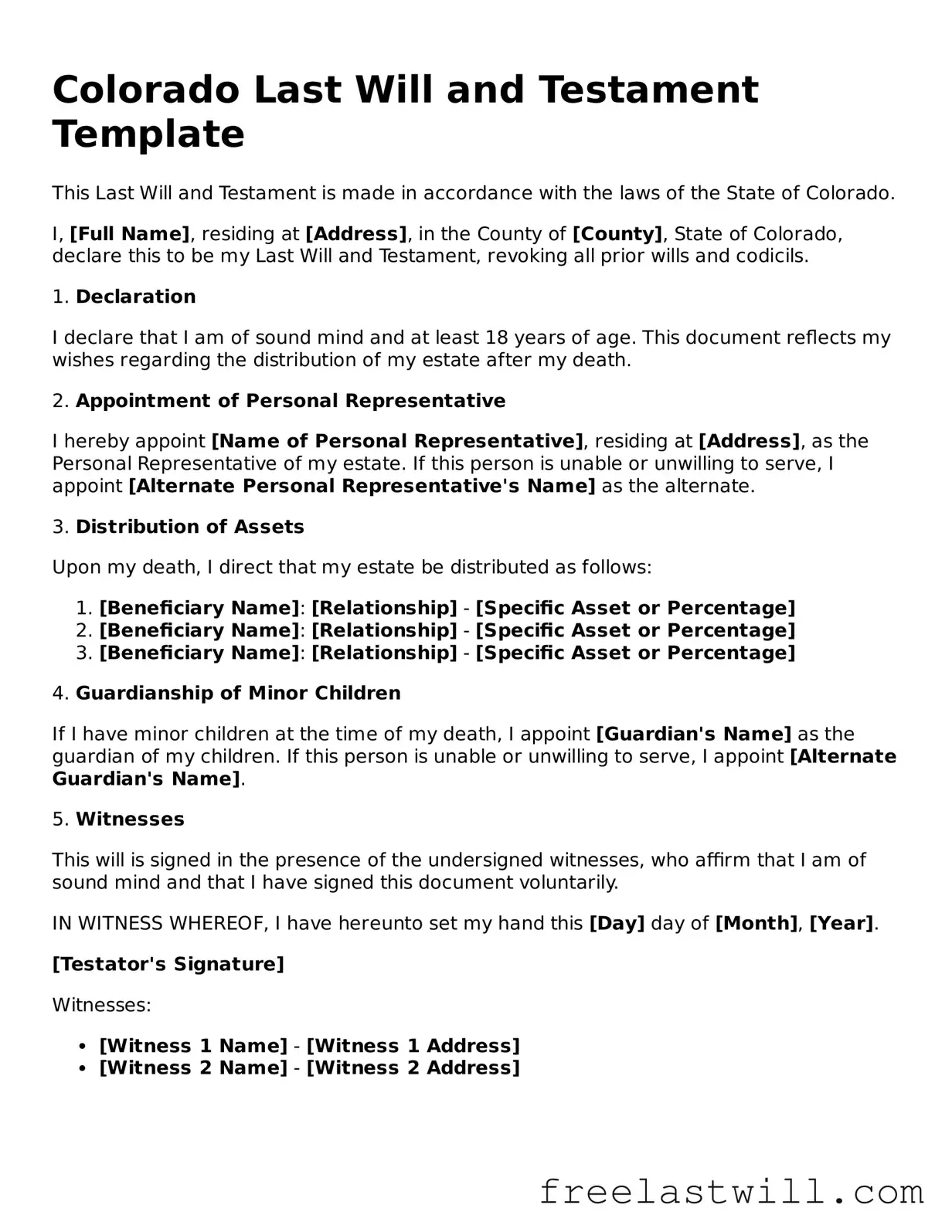 Legal Colorado Last Will and Testament Form