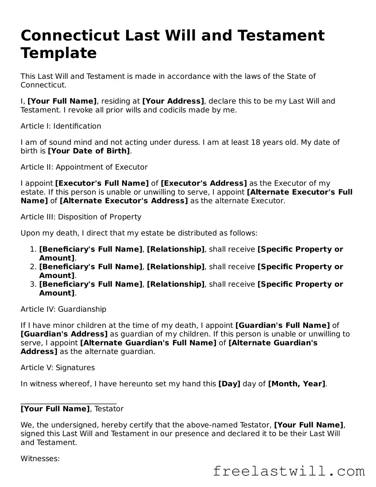 Legal Connecticut Last Will and Testament Form