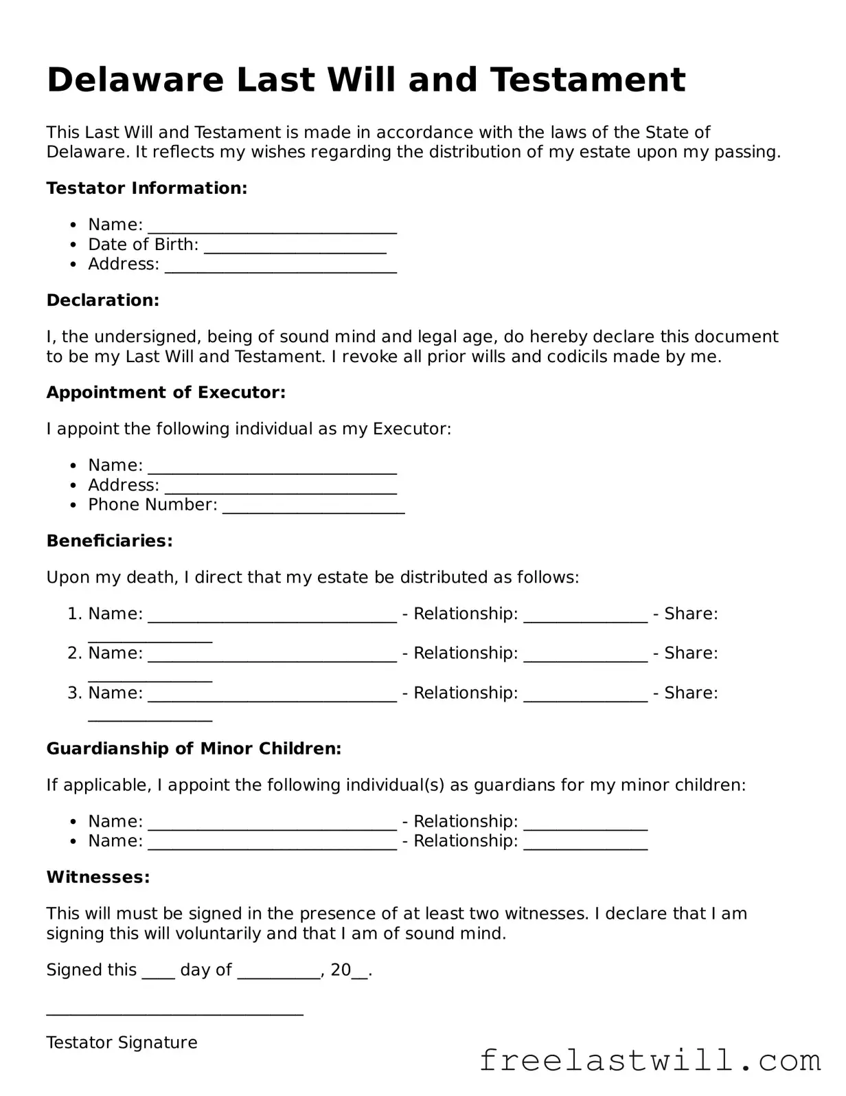 Legal Delaware Last Will and Testament Form
