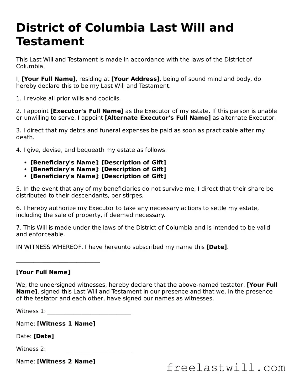 Legal District of Columbia Last Will and Testament Form