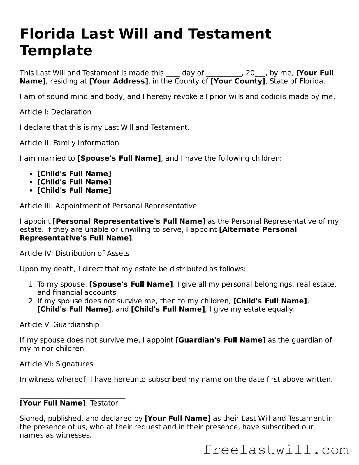 Legal Florida Last Will and Testament Form