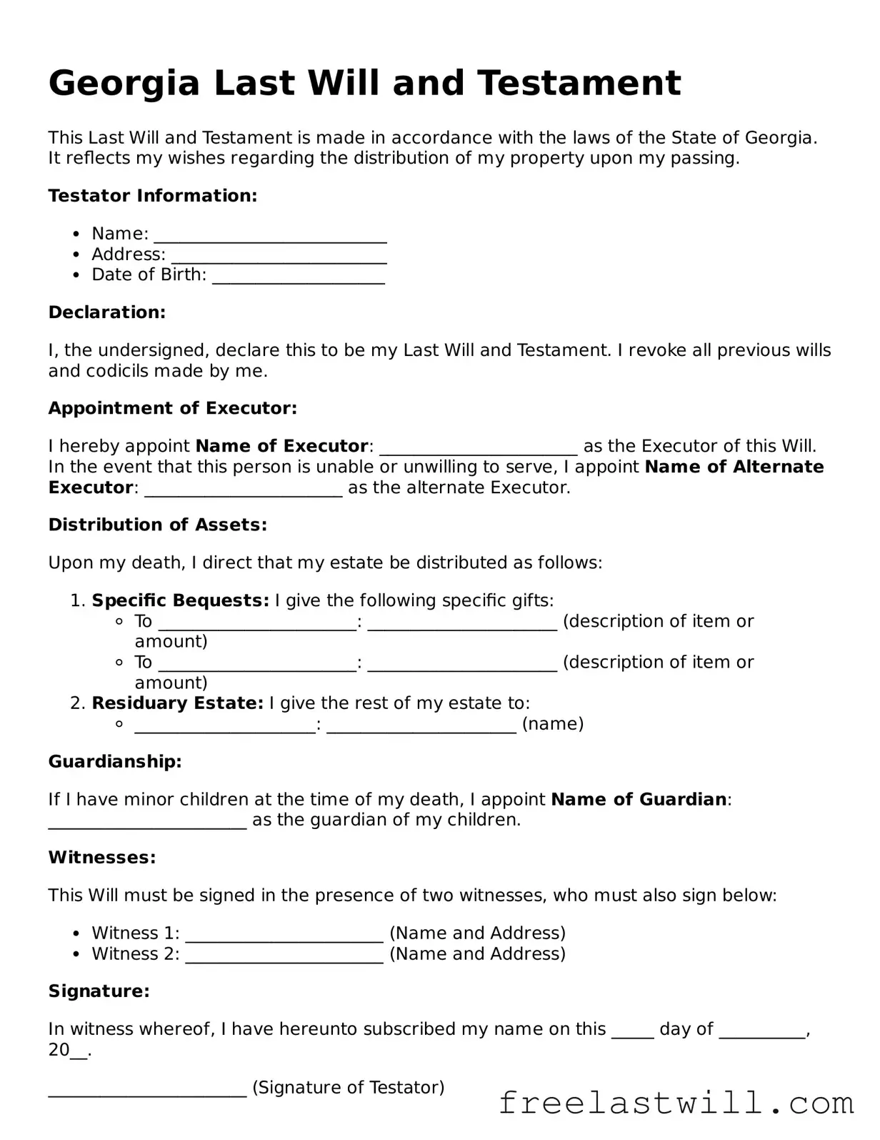 Legal Georgia Last Will and Testament Form