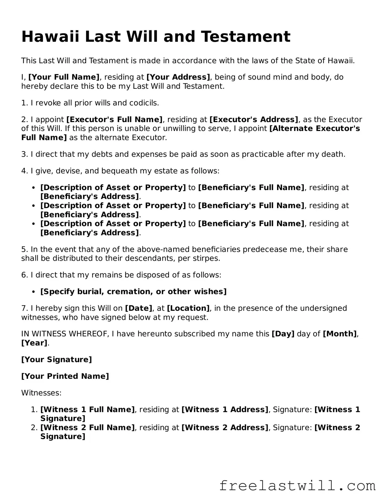 Legal Hawaii Last Will and Testament Form