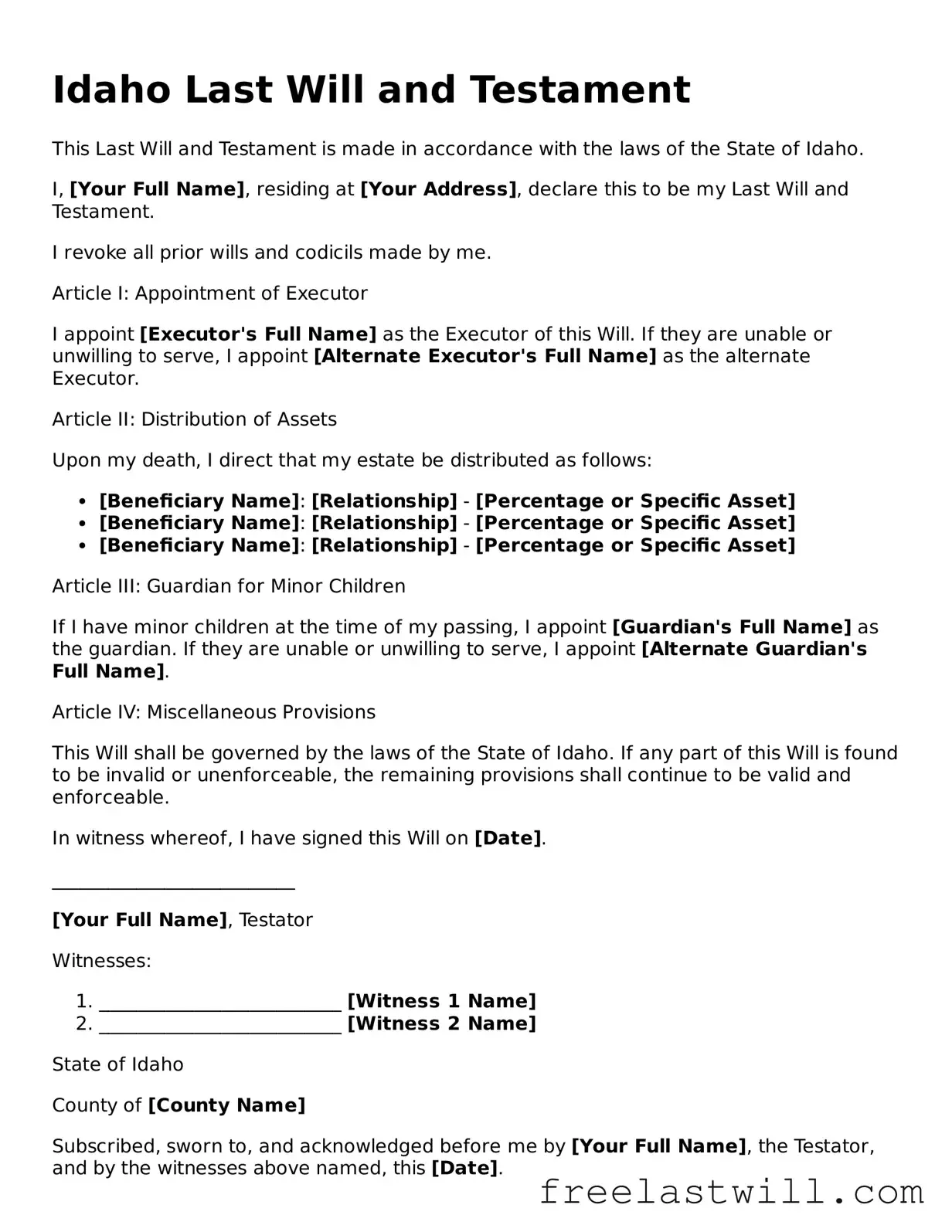 Legal Idaho Last Will and Testament Form