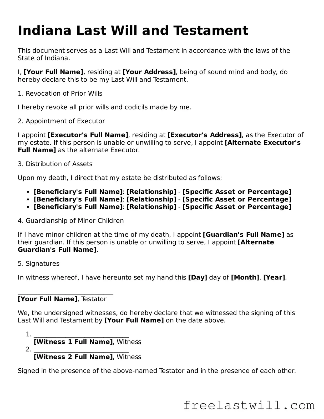 Legal Indiana Last Will and Testament Form