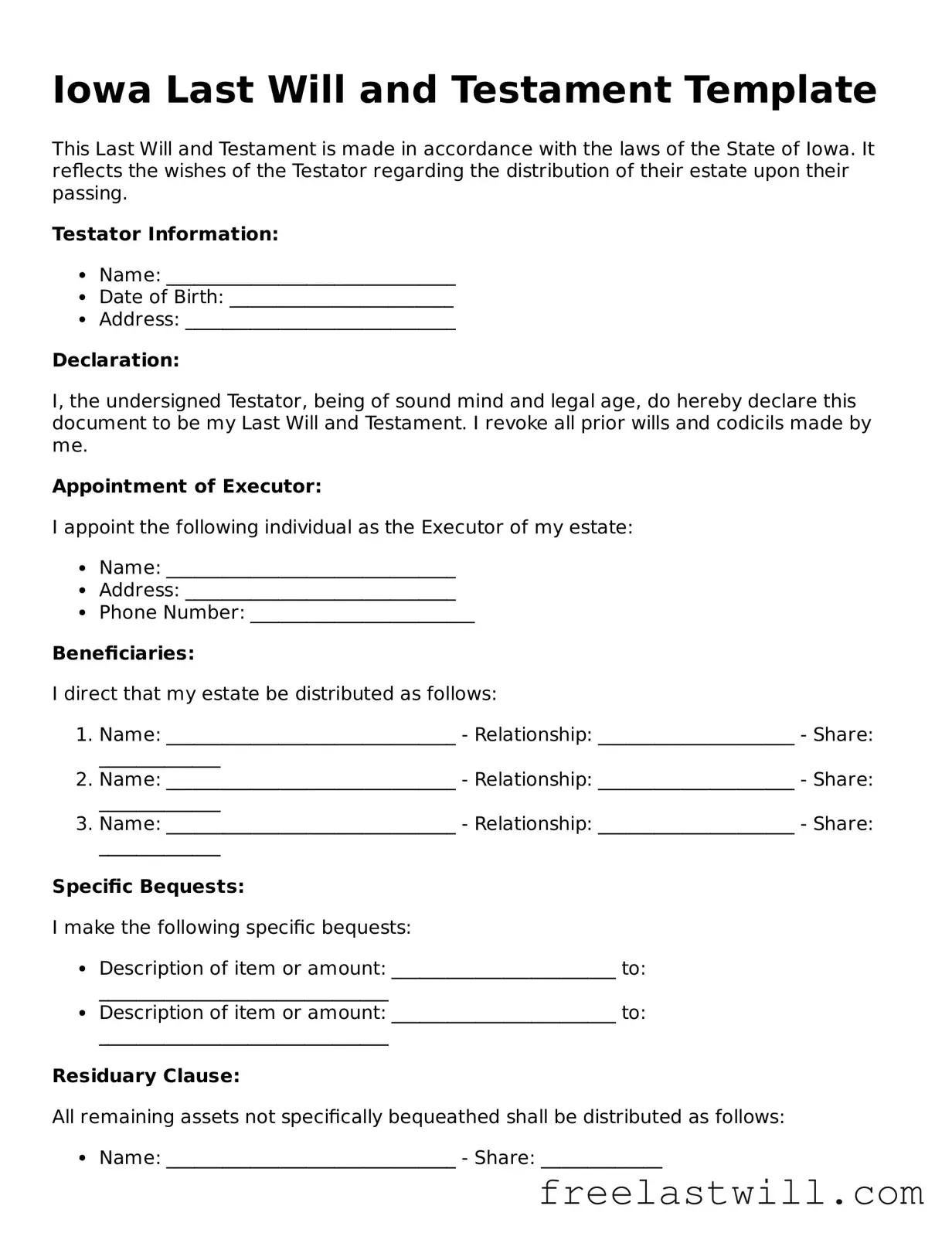 Legal Iowa Last Will and Testament Form
