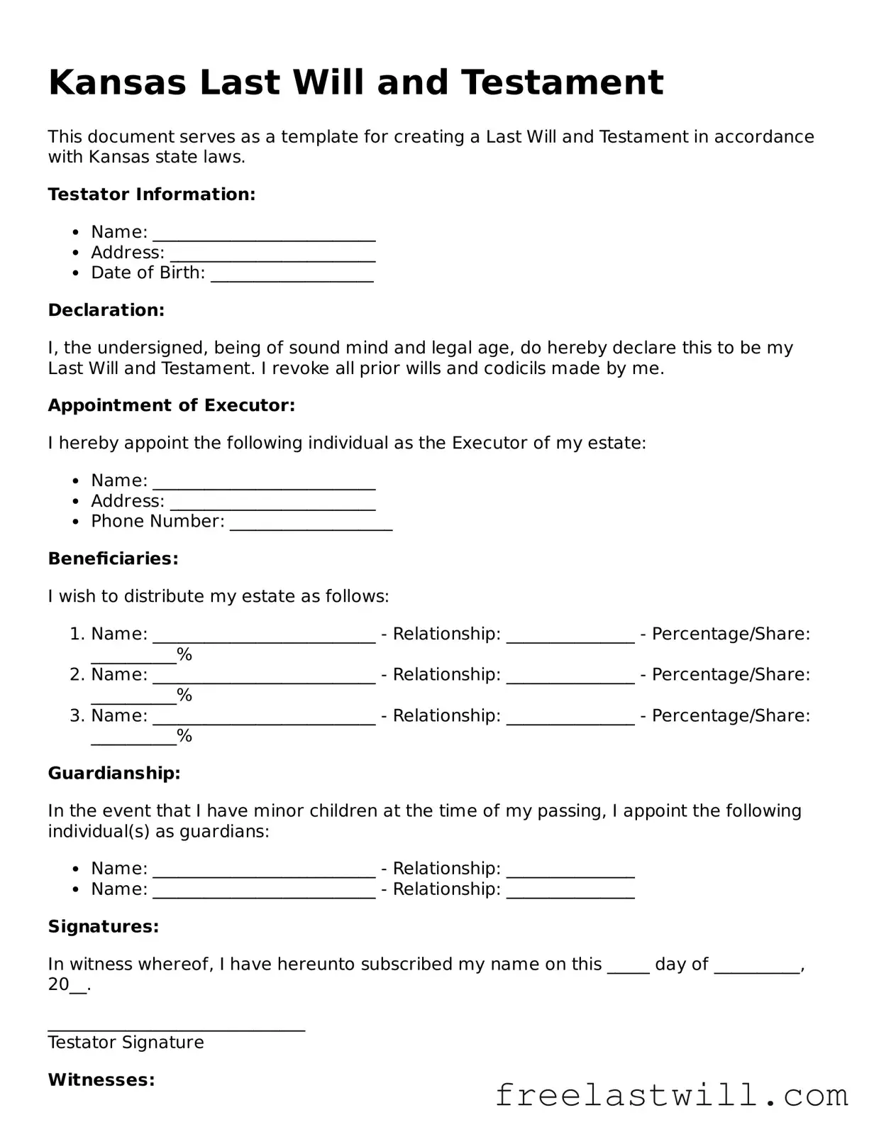 Legal Kansas Last Will and Testament Form
