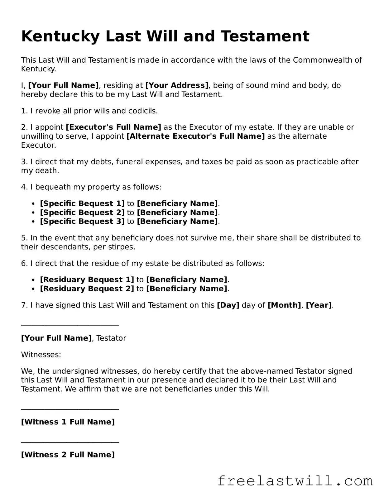 Legal Kentucky Last Will and Testament Form