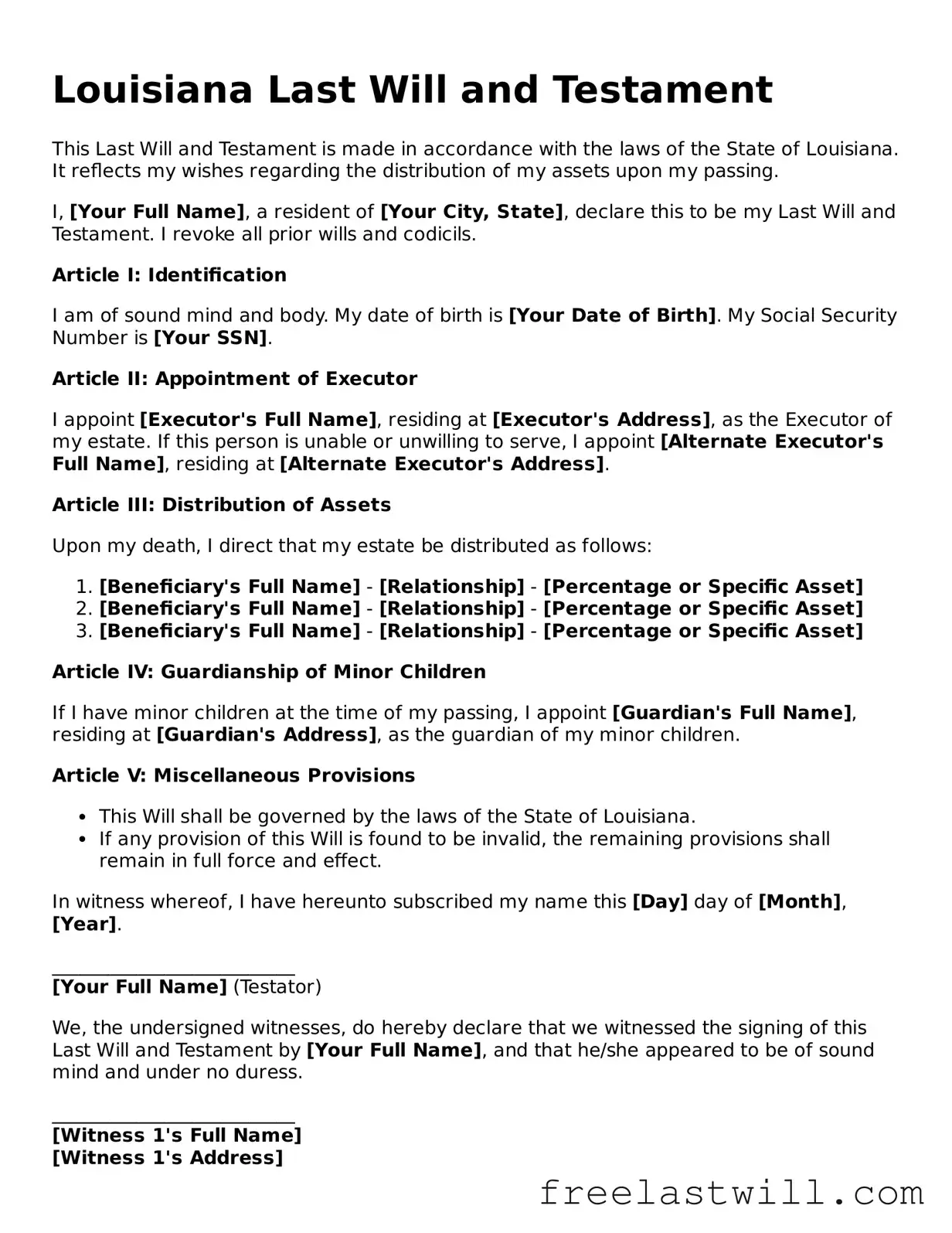 Legal Louisiana Last Will and Testament Form