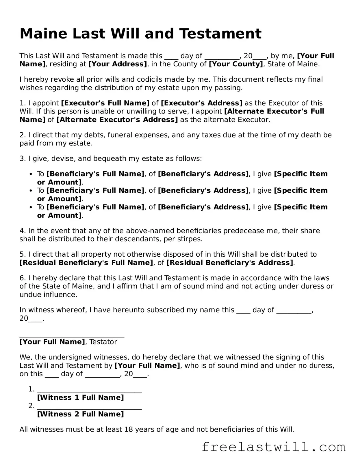 Legal Maine Last Will and Testament Form