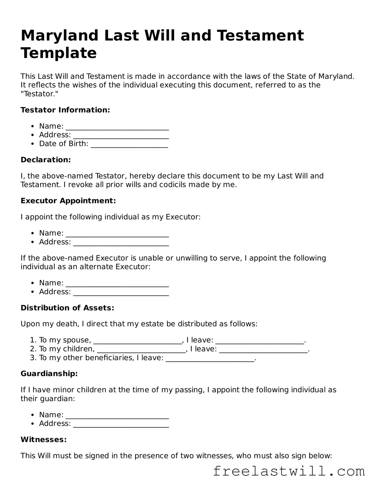 Legal Maryland Last Will and Testament Form