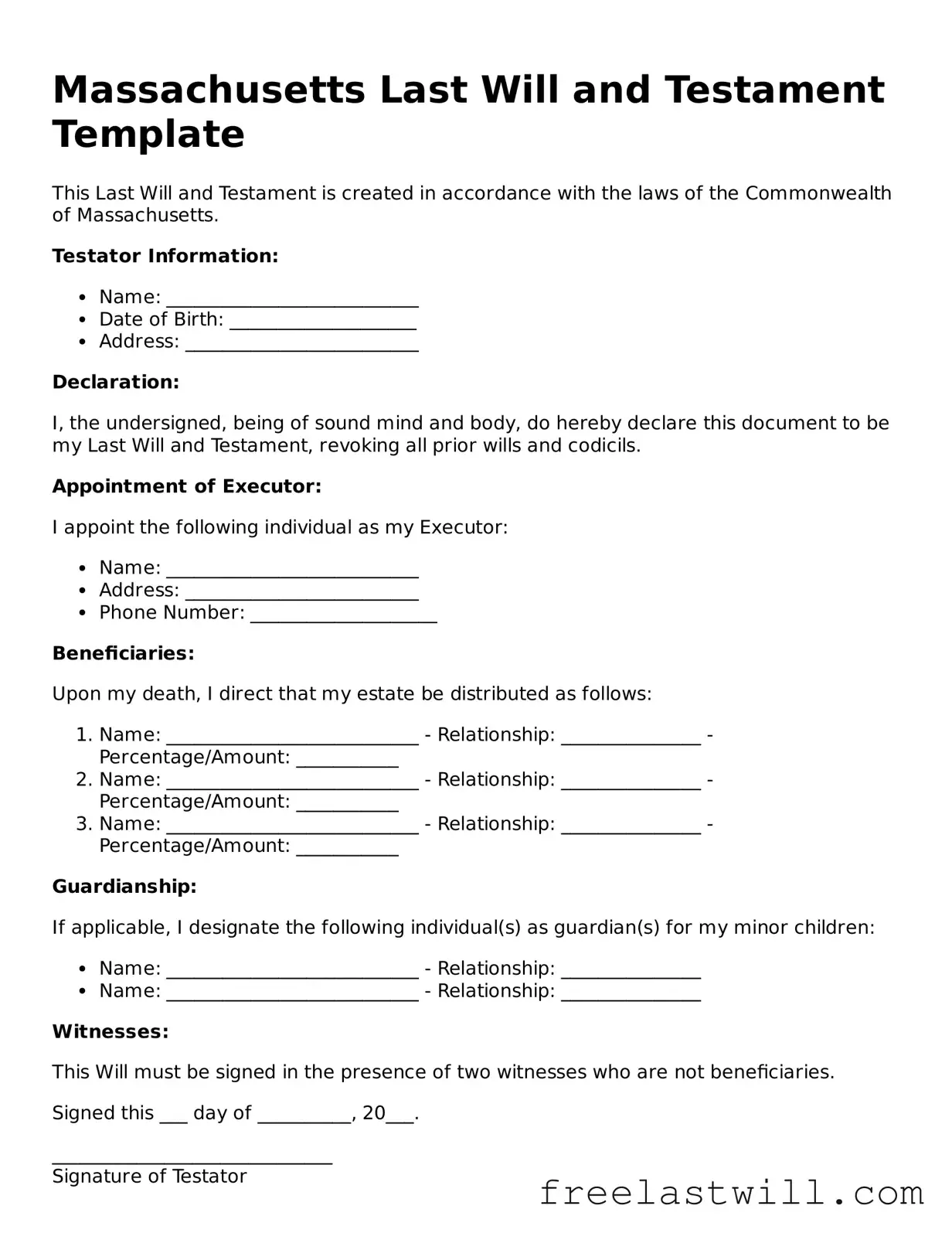 Legal Massachusetts Last Will and Testament Form