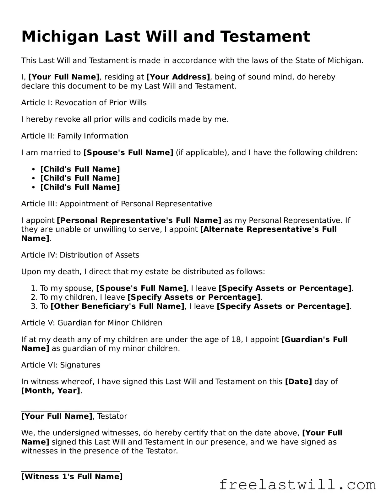 Legal Michigan Last Will and Testament Form