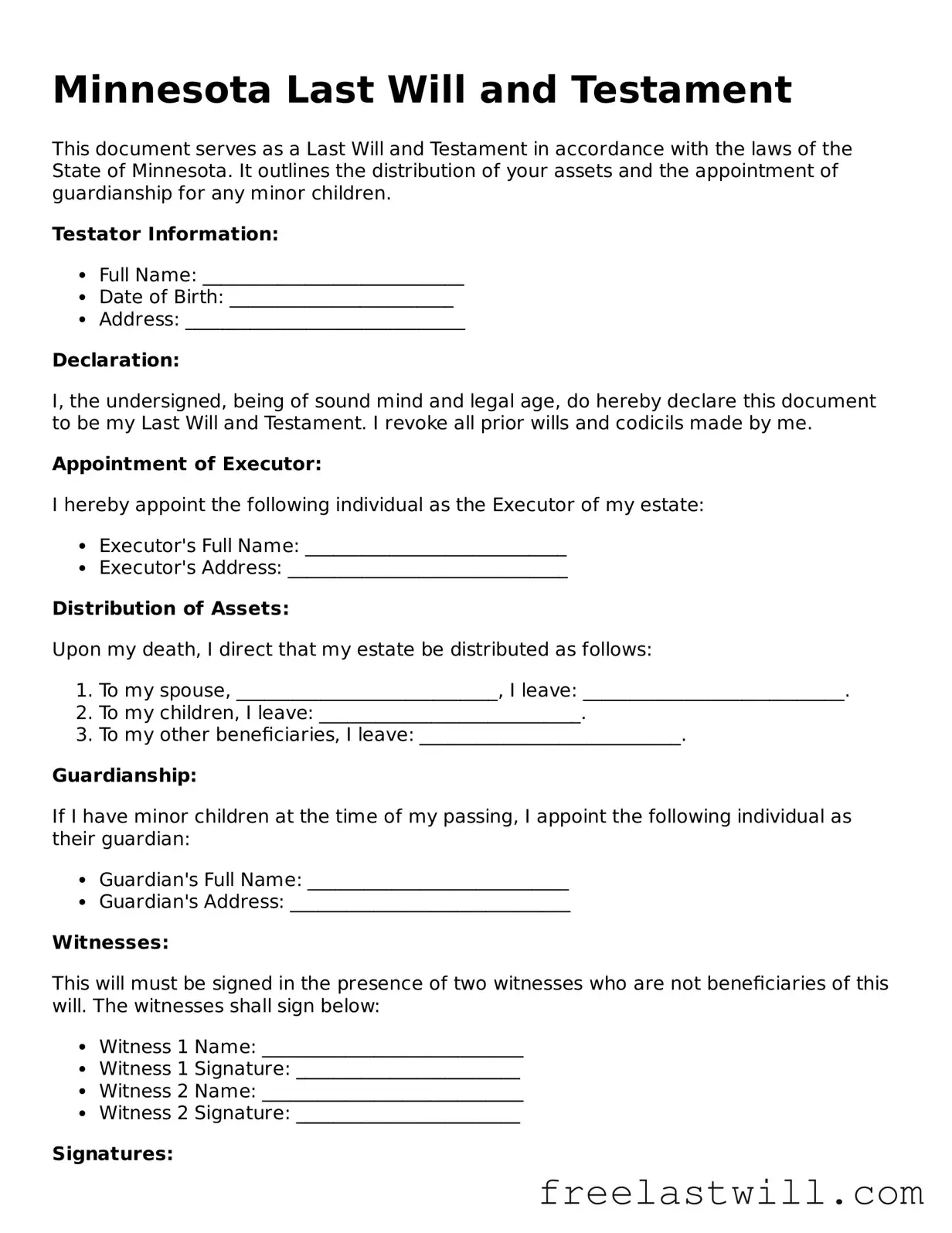 Legal Minnesota Last Will and Testament Form