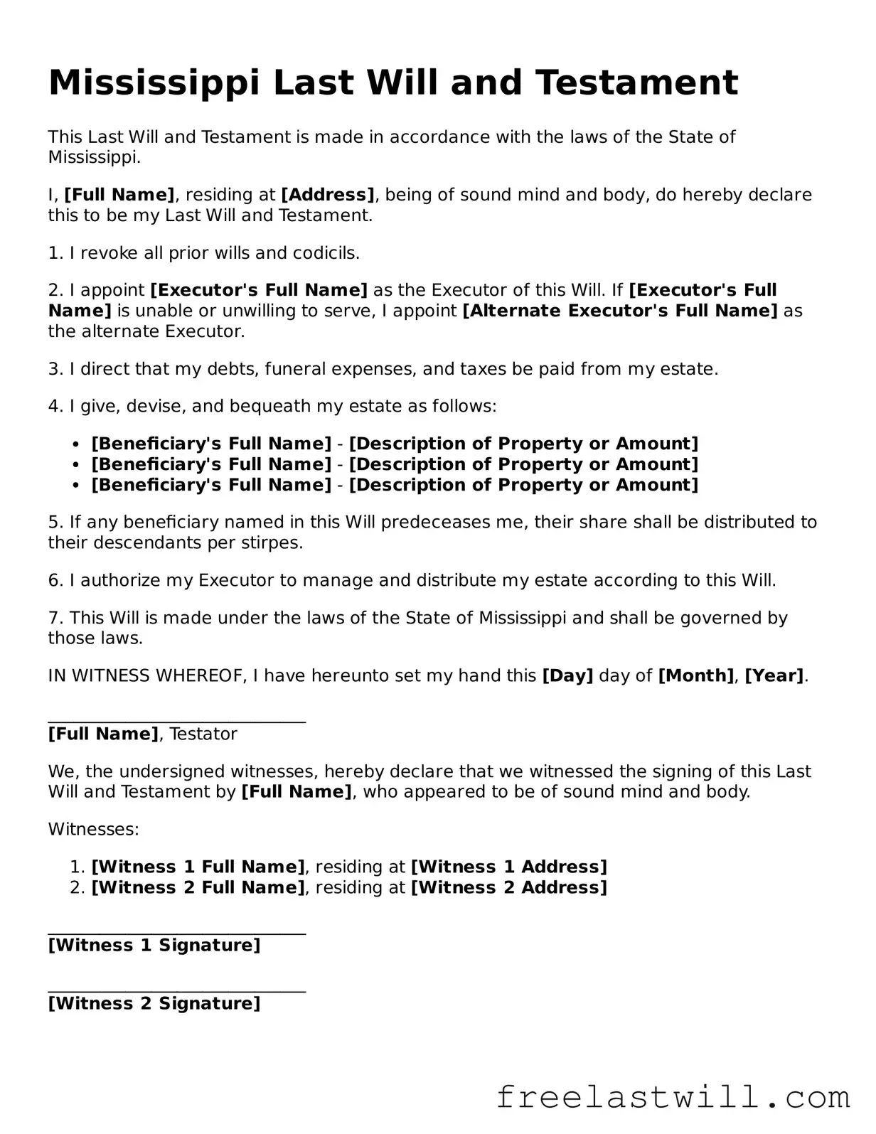 Legal Mississippi Last Will and Testament Form