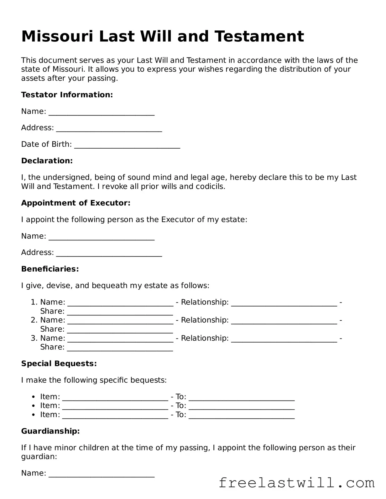 Legal Missouri Last Will and Testament Form
