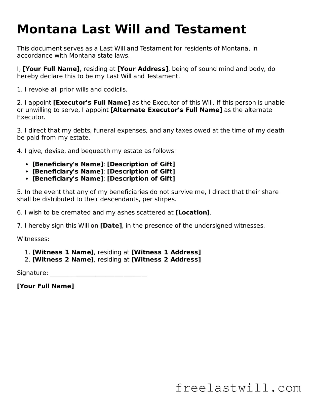 Legal Montana Last Will and Testament Form