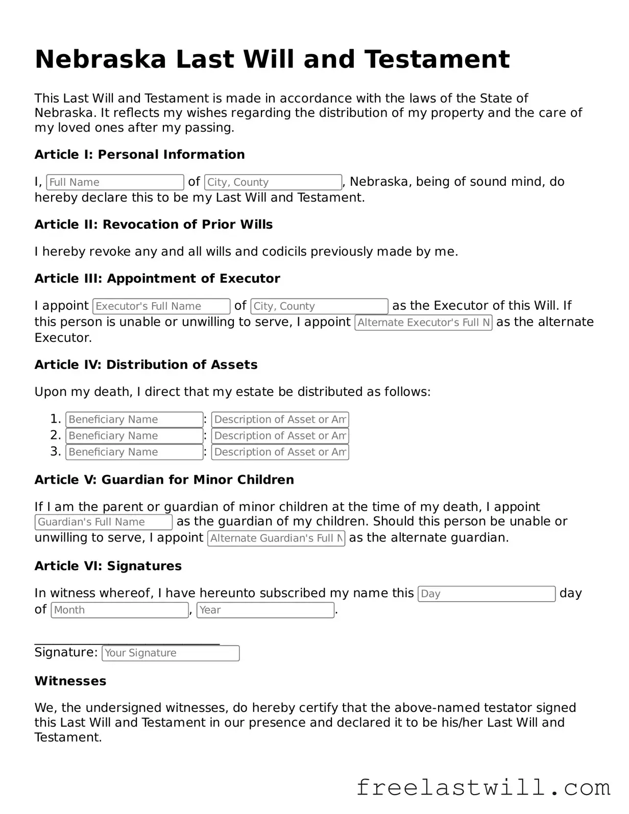 Legal Nebraska Last Will and Testament Form
