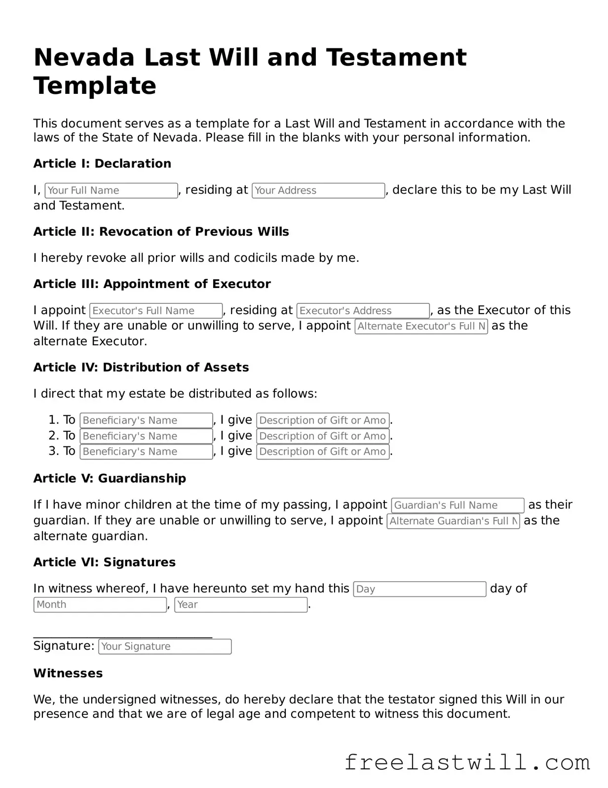 Legal Nevada Last Will and Testament Form