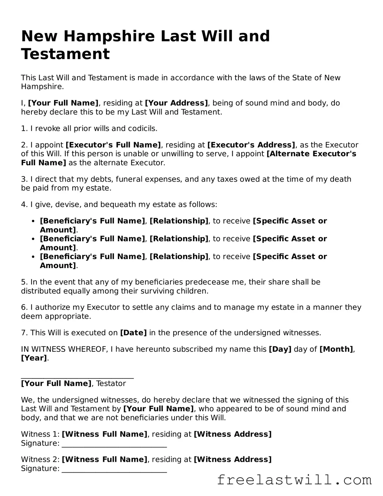 Legal New Hampshire Last Will and Testament Form