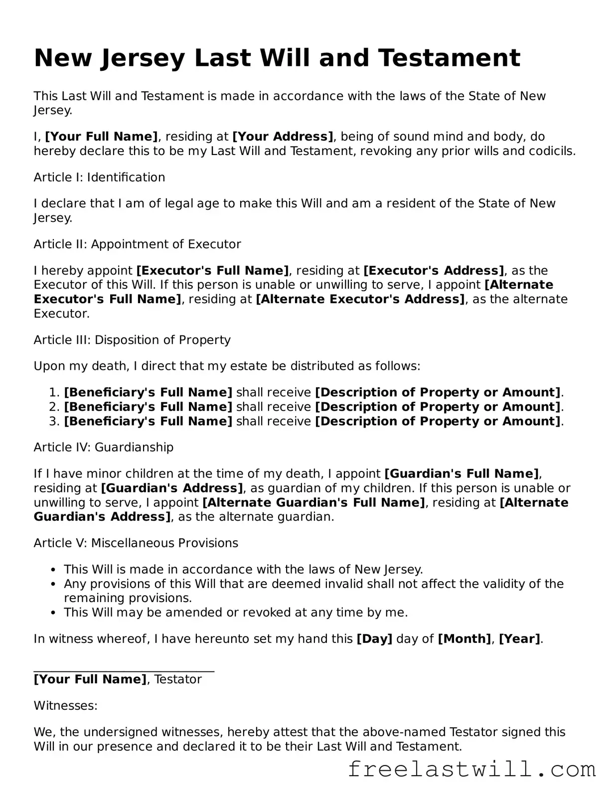 Legal New Jersey Last Will and Testament Form