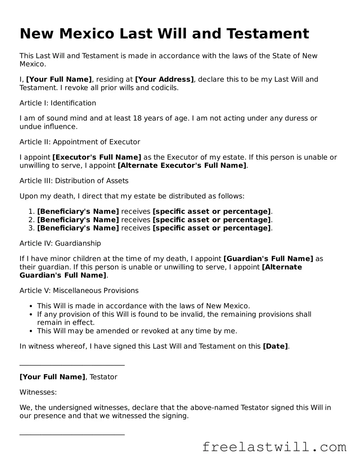 Legal New Mexico Last Will and Testament Form