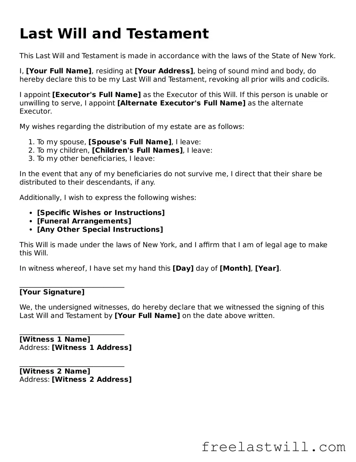 Legal New York Last Will and Testament Form