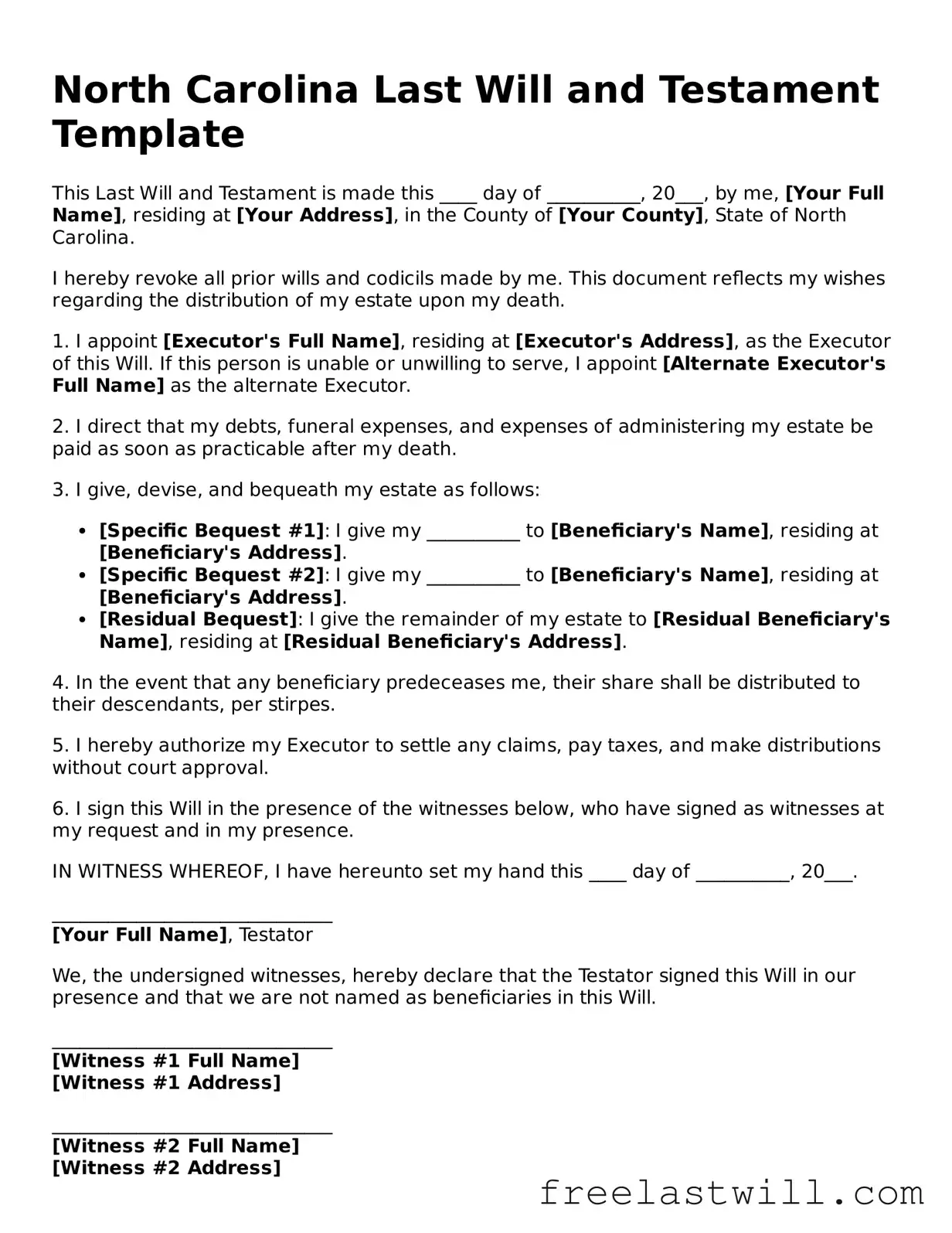 Legal North Carolina Last Will and Testament Form