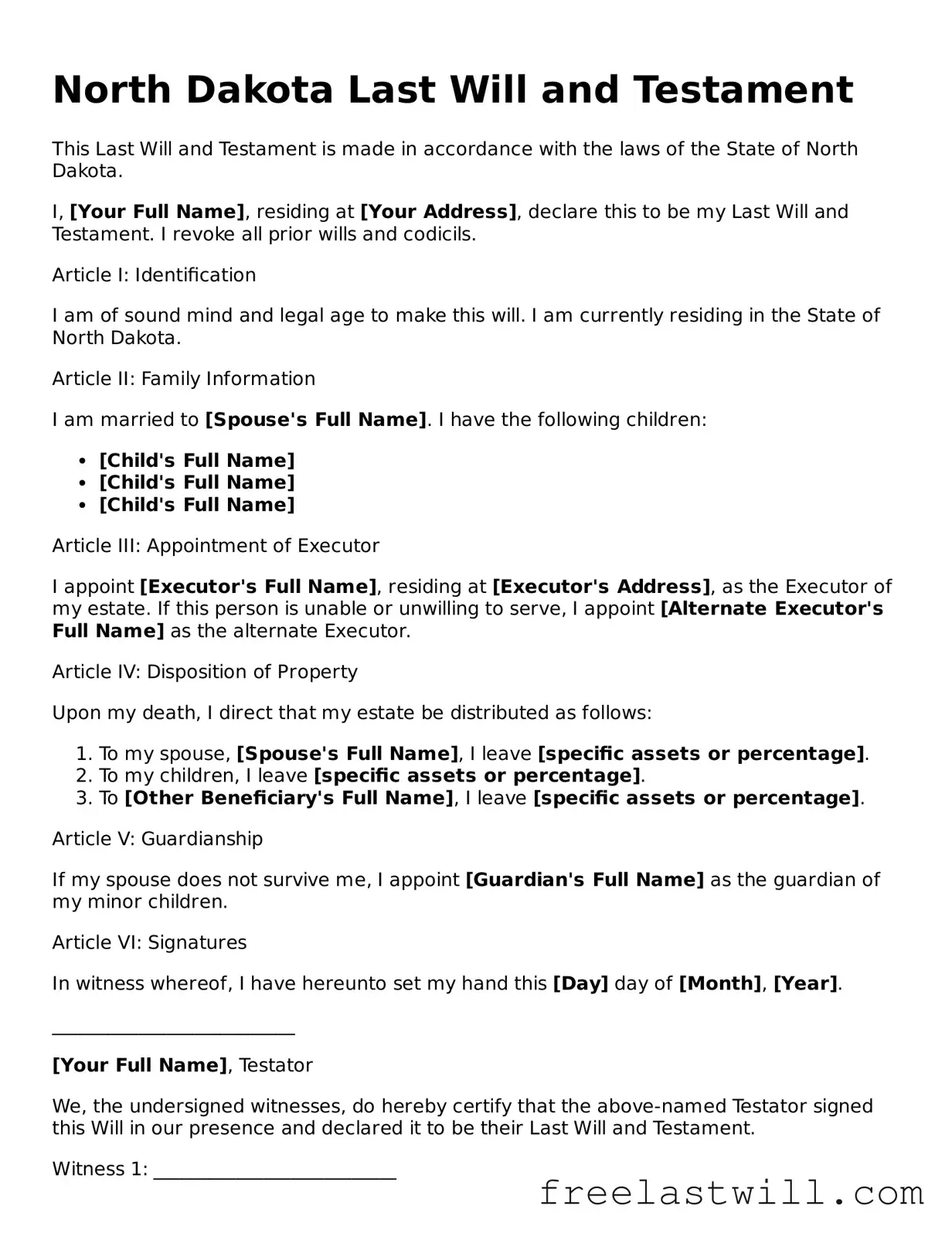Legal North Dakota Last Will and Testament Form