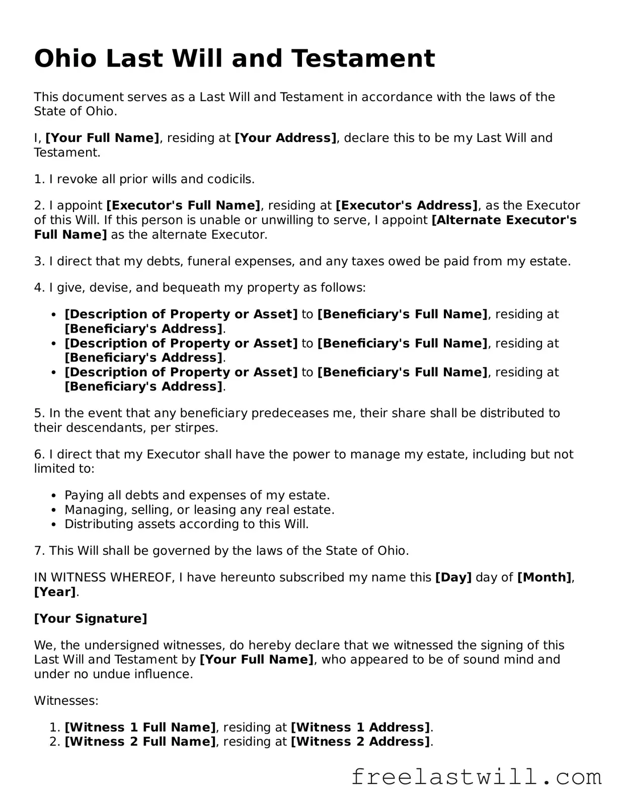 Legal Ohio Last Will and Testament Form