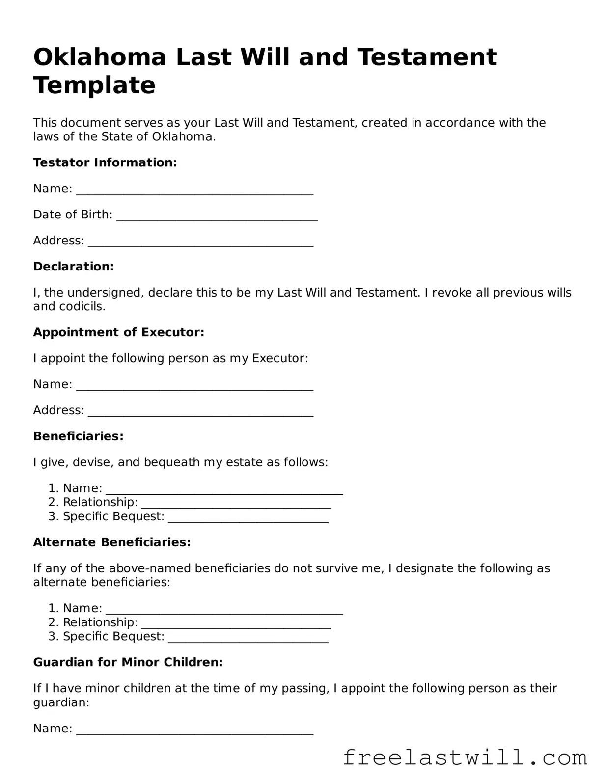 Legal Oklahoma Last Will and Testament Form