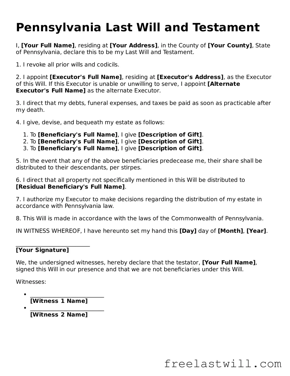 Legal Pennsylvania Last Will and Testament Form