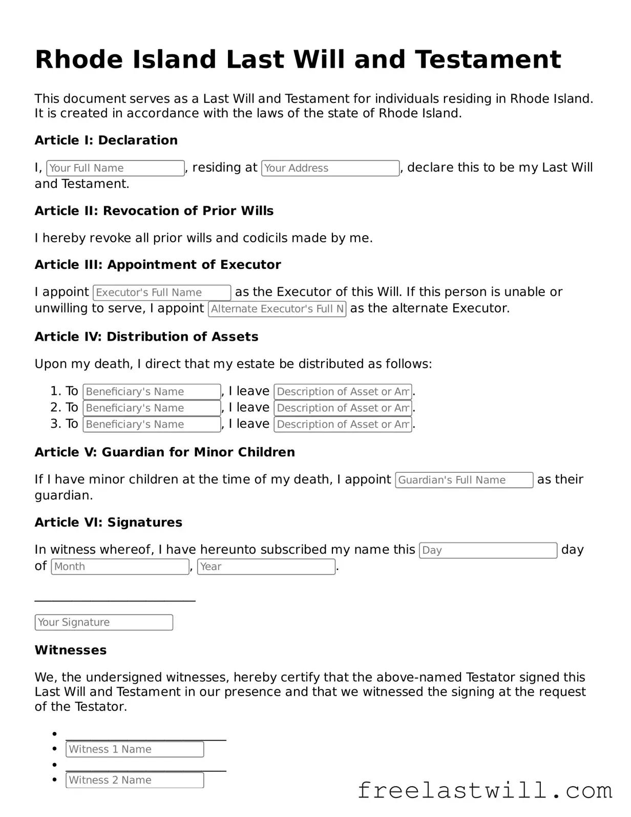 Legal Rhode Island Last Will and Testament Form