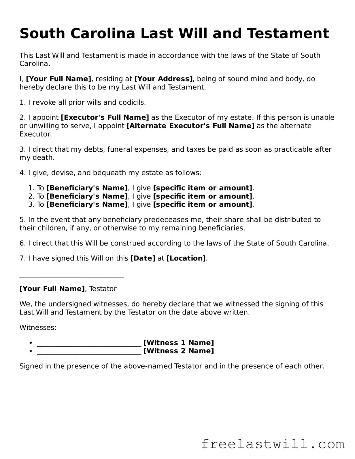 Legal South Carolina Last Will and Testament Form