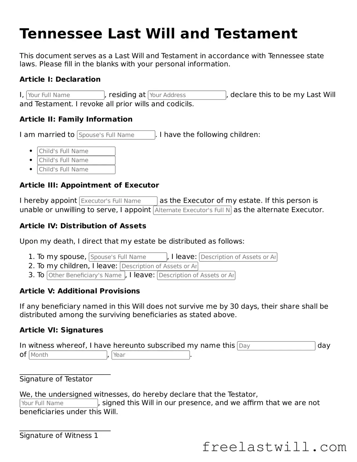 Legal Tennessee Last Will and Testament Form