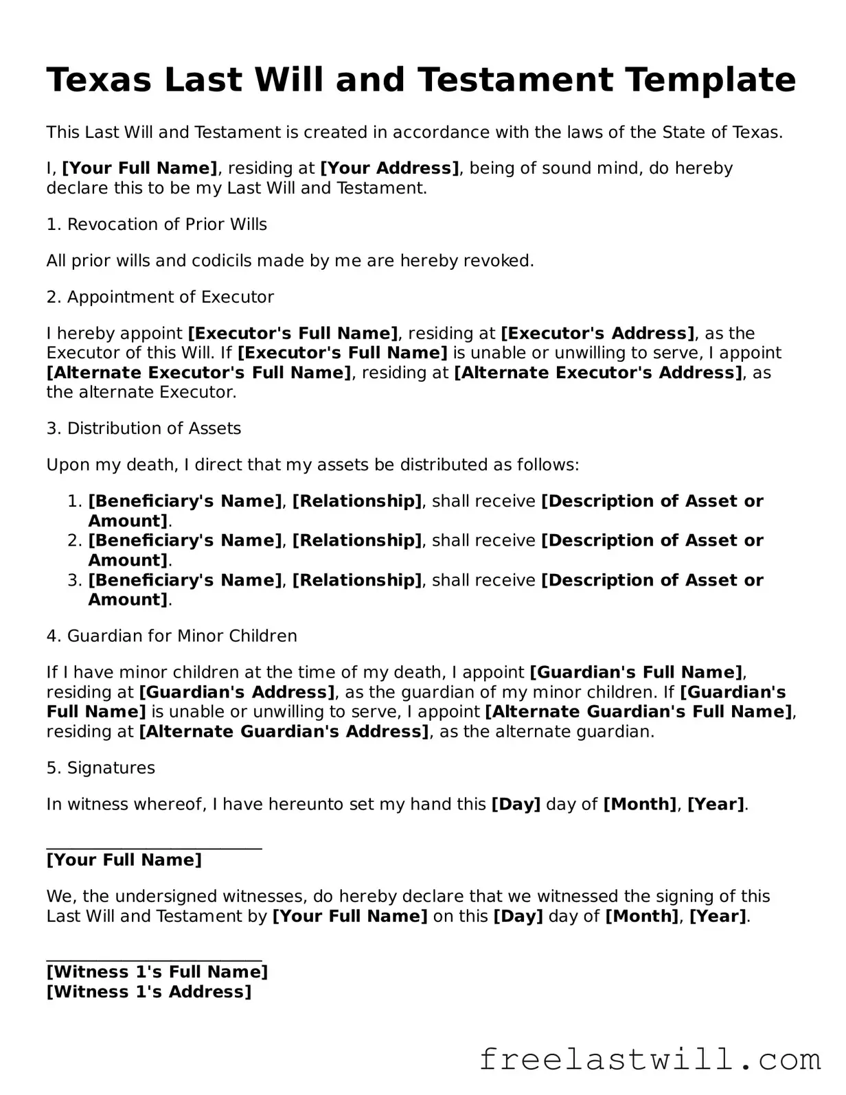 Legal Texas Last Will and Testament Form