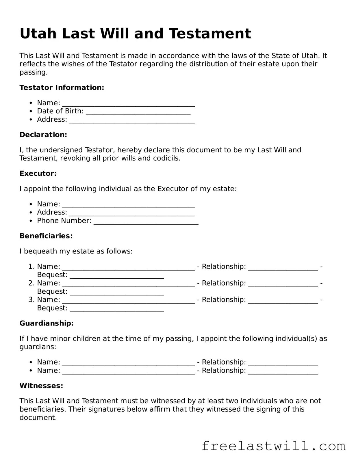Legal Utah Last Will and Testament Form