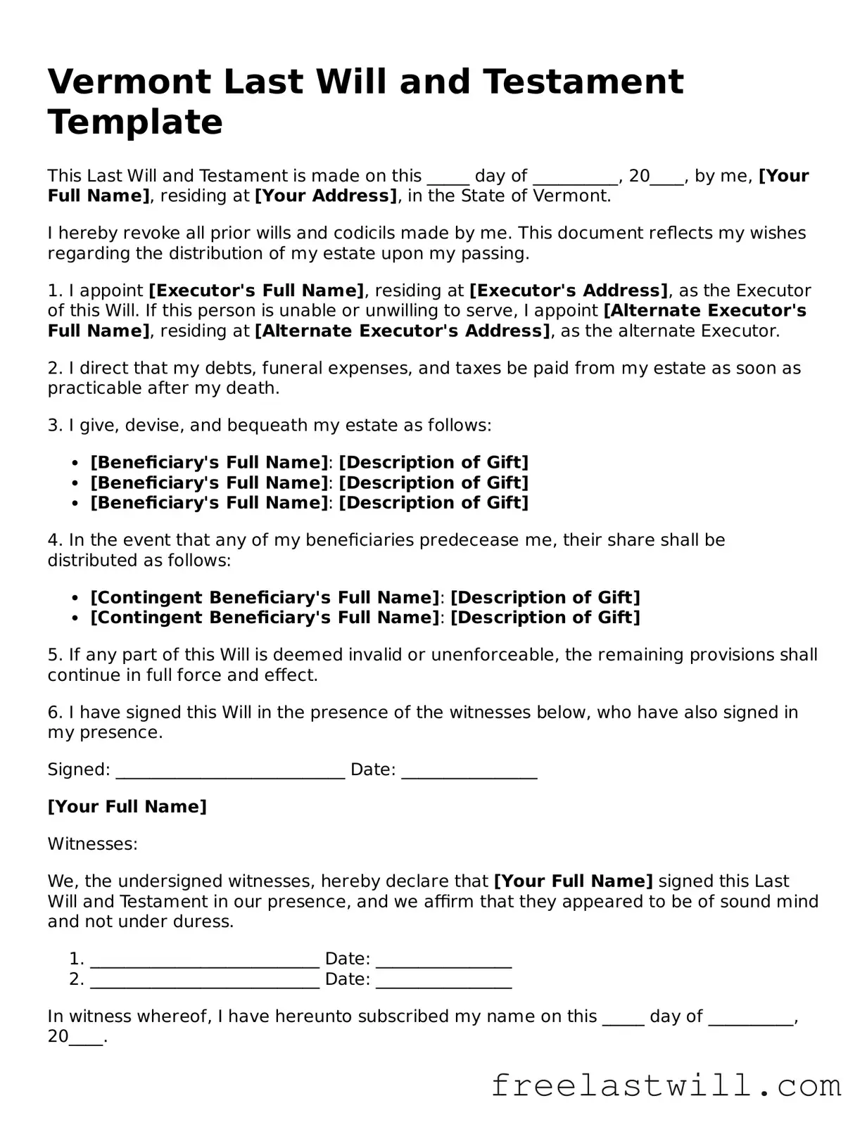 Legal Vermont Last Will and Testament Form