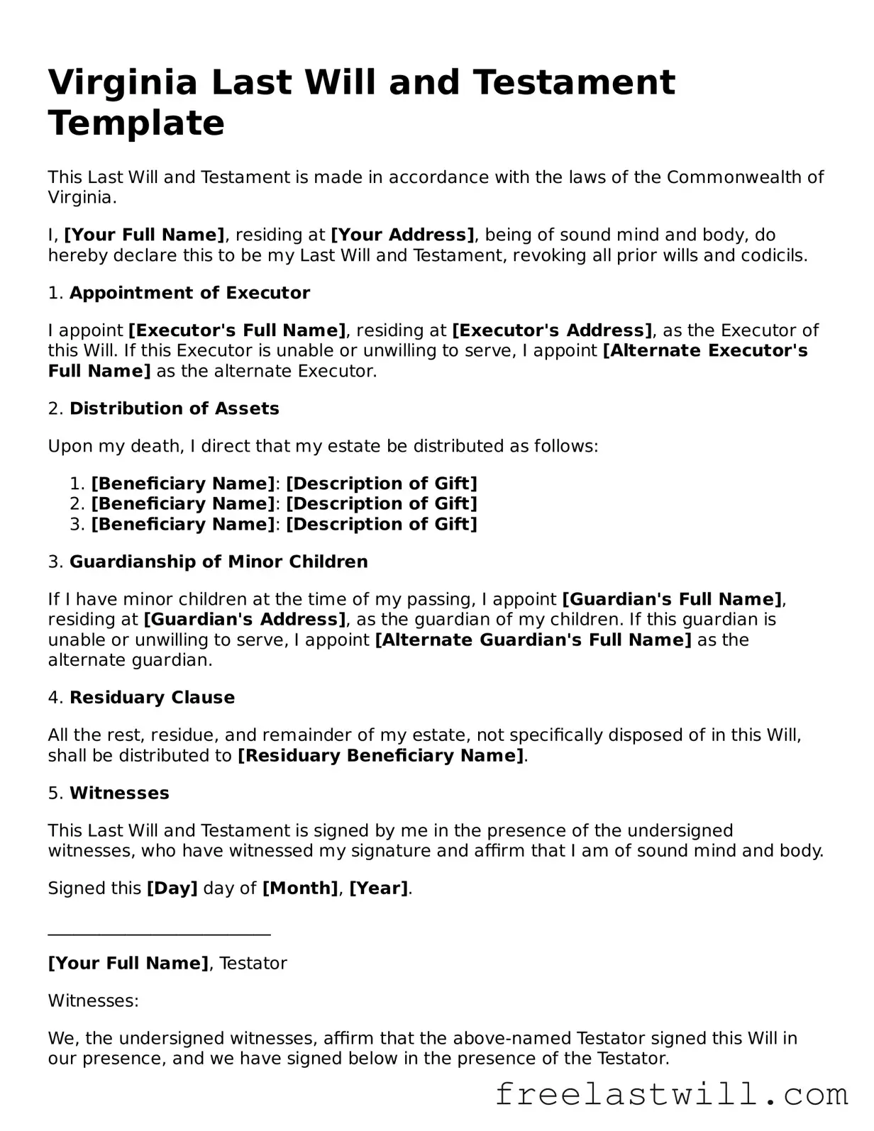 Legal Virginia Last Will and Testament Form
