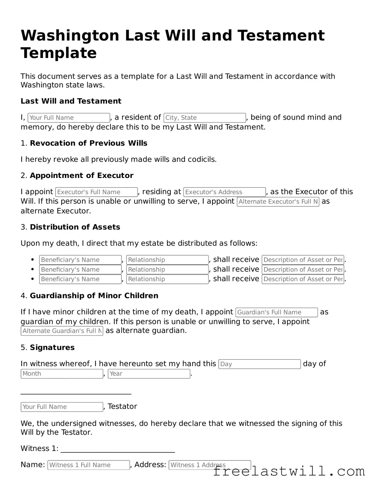 Legal Washington Last Will and Testament Form