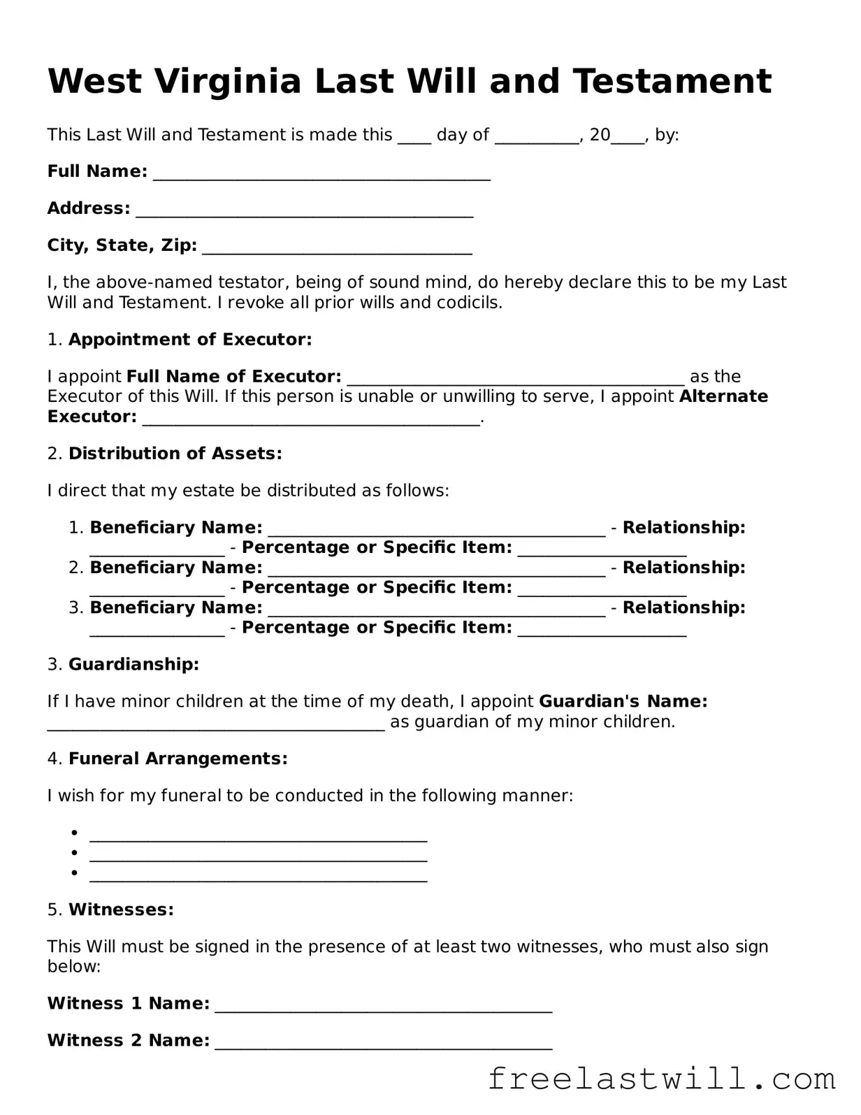 Legal West Virginia Last Will and Testament Form