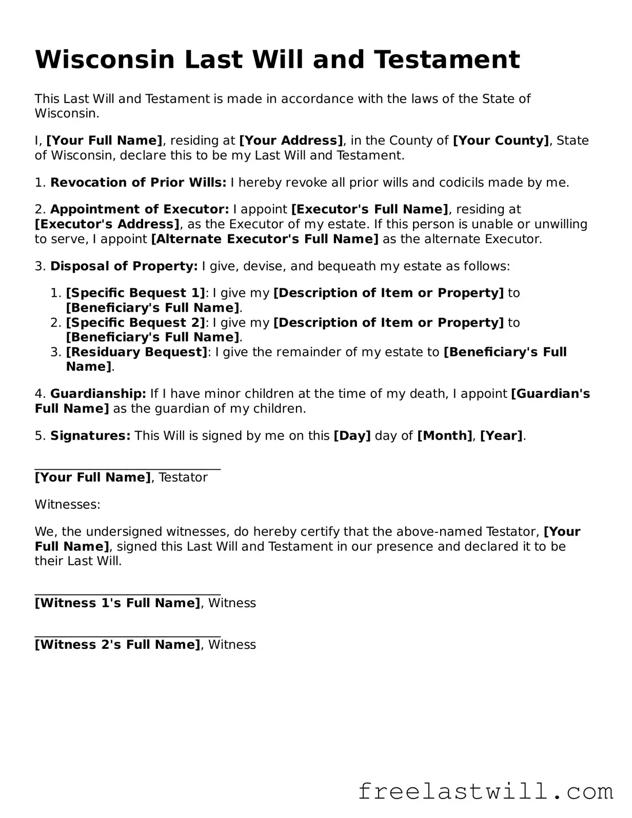 Legal Wisconsin Last Will and Testament Form