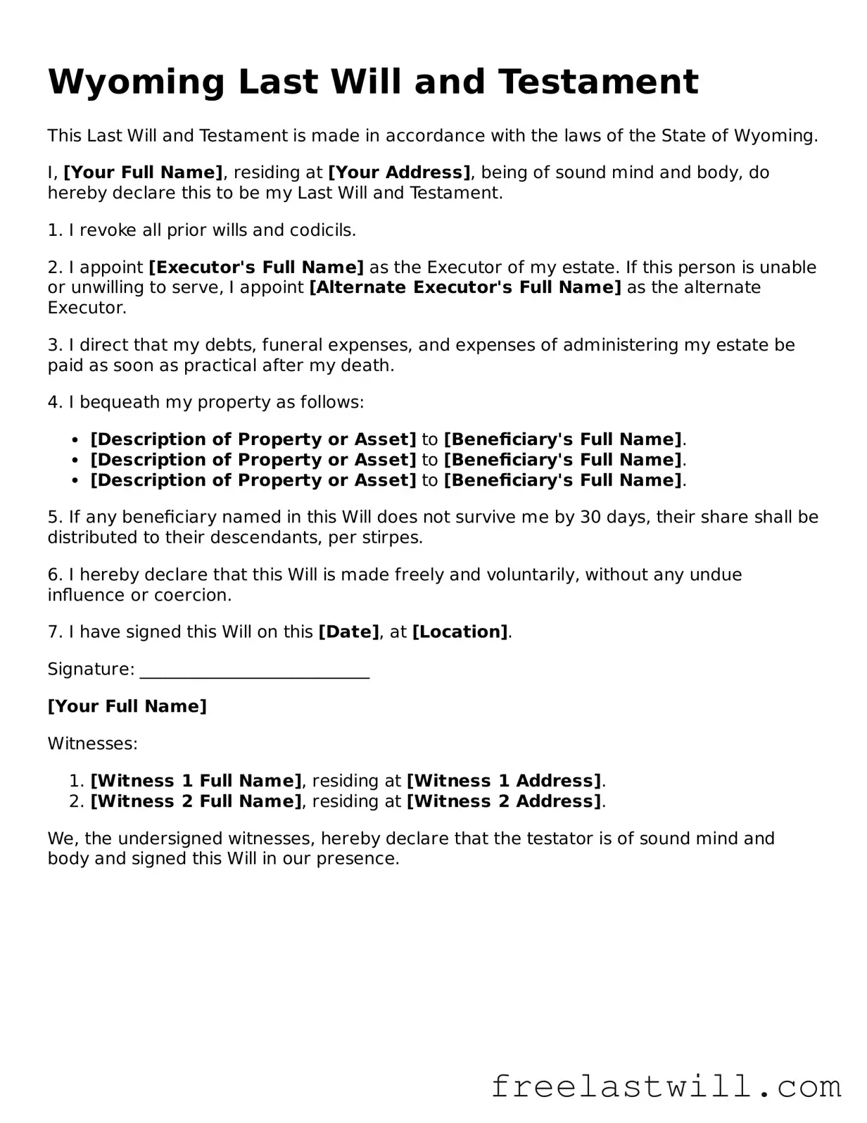 Legal Wyoming Last Will and Testament Form